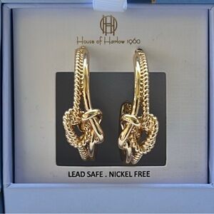 NEW House of Harlow 1960 Gold Knots Hoop Pierced Earrings